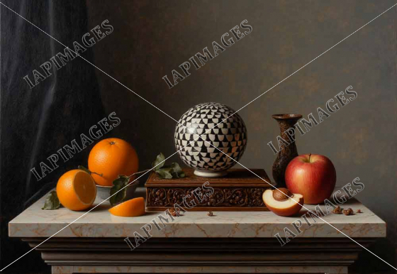 Still life with oranges and an apple